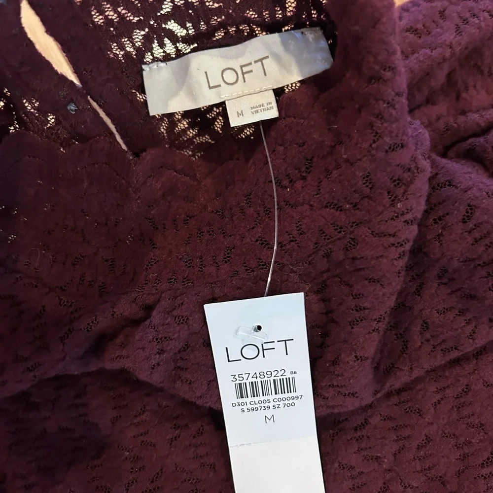 NWT Burgundy Eyelet Mock Neck Blouse Scallop Trim Long Sleeve Top